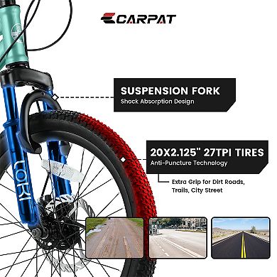 20" Mountain Bike For Kids, Shimano 7 Speed Mountain Bicycle For Boys And Girls