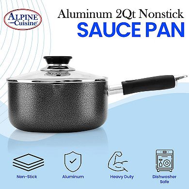 Alpine Cuisine 2qt Nonstick Sauce Pan, Glass Lid, Soft Handle, Multipurpose Cookware