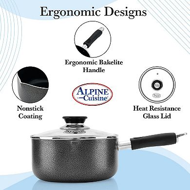 Alpine Cuisine 2qt Nonstick Sauce Pan, Glass Lid, Soft Handle, Multipurpose Cookware