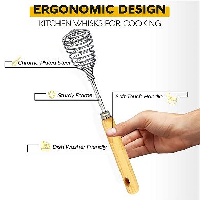 Alpine Cuisine Stainless Steel Wire Whisk 11 Inch With Ergonomic Wood Handle, Baking & Deglazing