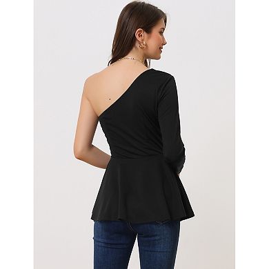 Women's One Shoulder Top Long Sleeve Ruched Peplum Blouse
