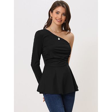 Women's One Shoulder Top Long Sleeve Ruched Peplum Blouse