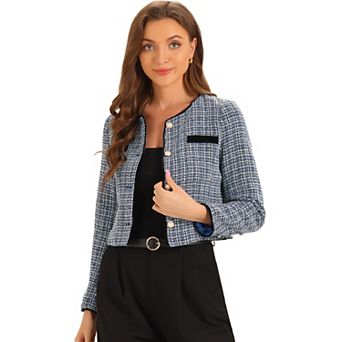 Tweed Jacket for Women Casual Round Neck Button Front Closure Long Sleeve