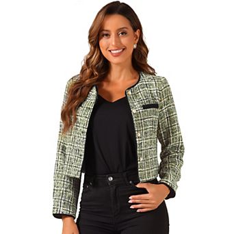 Tweed Jacket for Women Casual Round Neck Button Front Closure Long Sleeve