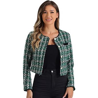 Tweed Jacket for Women Casual Round Neck Button Front Closure Long Sleeve