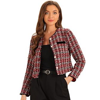 Tweed Jacket for Women Casual Round Neck Button Front Closure Long Sleeve
