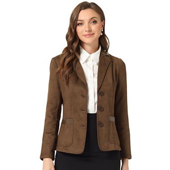 Women's Faux Suede Lapel Collar Button Down Long Sleeve Blazer