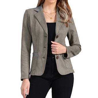 Women's Faux Suede Lapel Collar Button Down Long Sleeve Blazer