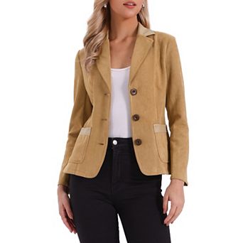 Women's Faux Suede Lapel Collar Button Down Long Sleeve Blazer