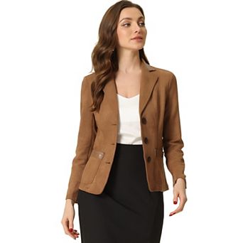 Women's Faux Suede Lapel Collar Button Down Long Sleeve Blazer