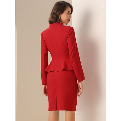Women's Business 2 Piece Suit Set Long Sleeve Collarless Peplum Blazer Pencil Skirts