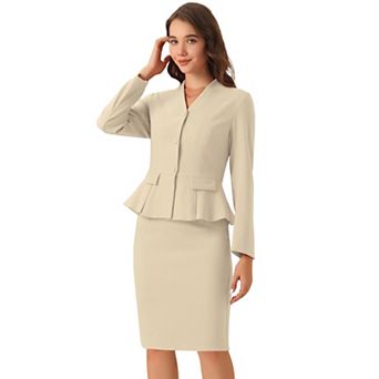 Women's Business 2 pc Suit Set Long Sleeve Collarless Peplum Blazer Pencil Skirts