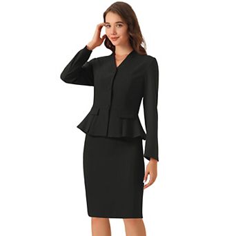 Women's Business 2 pc Suit Set Long Sleeve Collarless Peplum Blazer Pencil Skirts
