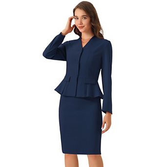 Women's Business 2 pc Suit Set Long Sleeve Collarless Peplum Blazer Pencil Skirts