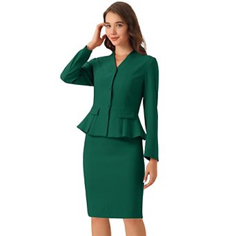 Women's Business 2 pc Suit Set Long Sleeve Collarless Peplum Blazer Pencil Skirts