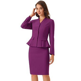 Women's Business 2 pc Suit Set Long Sleeve Collarless Peplum Blazer Pencil Skirts