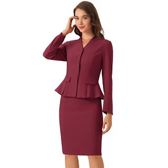 Women's Business 2 pc Suit Set Long Sleeve Collarless Peplum Blazer Pencil Skirts