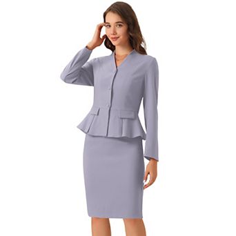 Women's Business 2 pc Suit Set Long Sleeve Collarless Peplum Blazer Pencil Skirts
