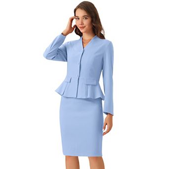Women's Business 2 pc Suit Set Long Sleeve Collarless Peplum Blazer Pencil Skirts