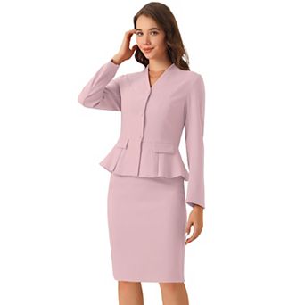 Women's Business 2 pc Suit Set Long Sleeve Collarless Peplum Blazer Pencil Skirts