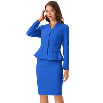 Women's Business 2 pc Suit Set Long Sleeve Collarless Peplum Blazer Pencil Skirts