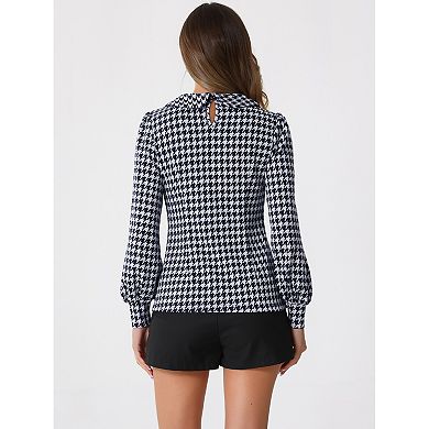 Womens' Peter Pan Collar Houndstooth Plaid Long Sleeve Button Back Blouses