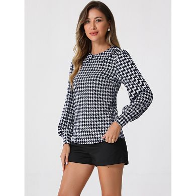 Womens' Peter Pan Collar Houndstooth Plaid Long Sleeve Button Back Blouses