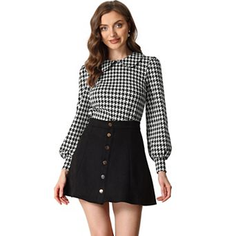 Womens' Peter Pan Collar Houndstooth Plaid Long Sleeve Button Back Blouses