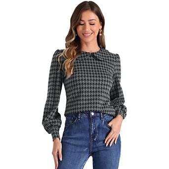 Womens' Peter Pan Collar Houndstooth Plaid Long Sleeve Button Back Blouses