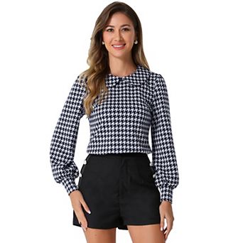 Womens' Peter Pan Collar Houndstooth Plaid Long Sleeve Button Back Blouses