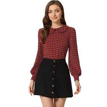 Womens' Peter Pan Collar Houndstooth Plaid Long Sleeve Button Back Blouses