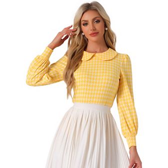 Womens' Peter Pan Collar Houndstooth Plaid Long Sleeve Button Back Blouses