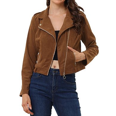 Women's Corduroy Notched Lapel Zip Up Motorcycle Jacket