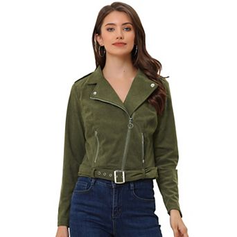 Women's Corduroy Notched Lapel Zip Up Motorcycle Jacket