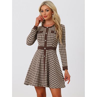 Women's Houndstooth Dress Round Neck Button Front A-Line Elegant Plaid Dresses