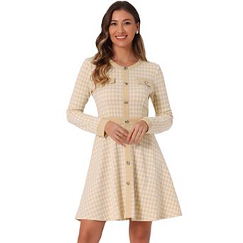 Women's Houndstooth Dress Round Neck Button Front A-Line Elegant Plaid Dresses