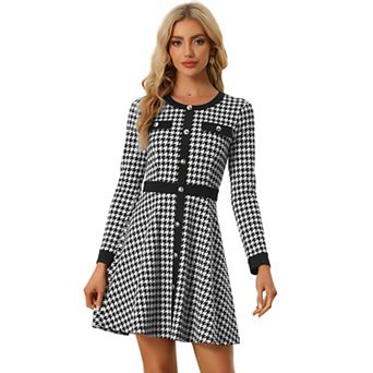Women's Houndstooth Dress Round Neck Button Front A-Line Elegant Plaid Dresses