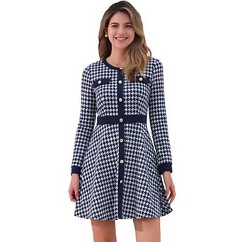 Women's Houndstooth Dress Round Neck Button Front A-Line Elegant Plaid Dresses