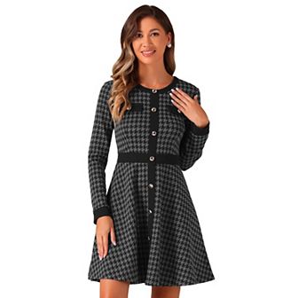 Women's Houndstooth Dress Round Neck Button Front A-Line Elegant Plaid Dresses