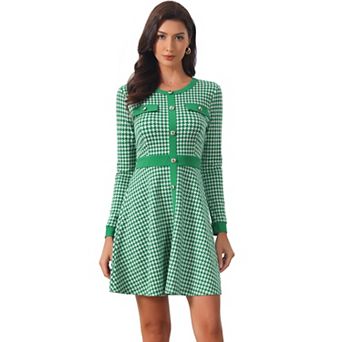 Women's Houndstooth Dress Round Neck Button Front A-line Elegant Plaid Dresses