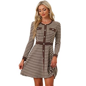 Women's Houndstooth Dress Round Neck Button Front A-Line Elegant Plaid Dresses