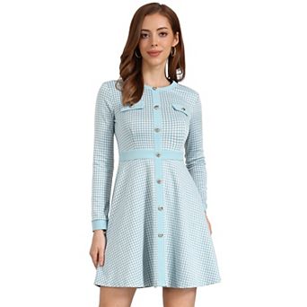 Women's Houndstooth Dress Round Neck Button Front A-Line Elegant Plaid Dresses