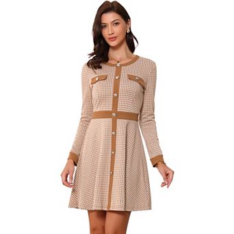 Women's Houndstooth Dress Round Neck Button Front A-line Elegant Plaid Dresses