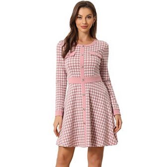Women's Houndstooth Dress Round Neck Button Front A-Line Elegant Plaid Dresses