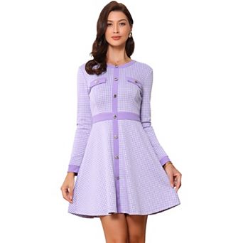Women's Houndstooth Dress Round Neck Button Front A-line Elegant Plaid Dresses