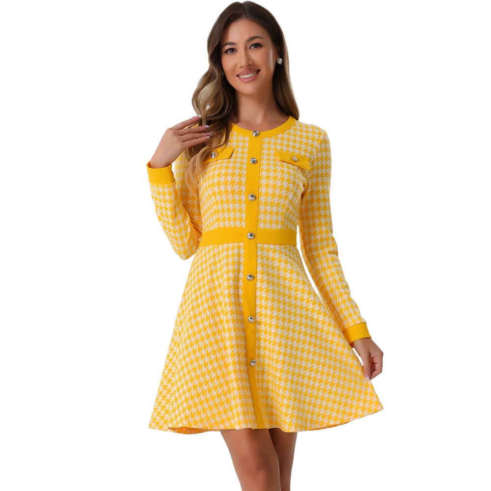 Women's Houndstooth Dress Round Neck Button Front A-Line Elegant
