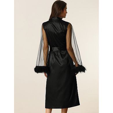 Womens Satin Robe Feather Trim Bridesmaid Bathrobe Mesh Long Sleeve Bridal Party Sleepwear