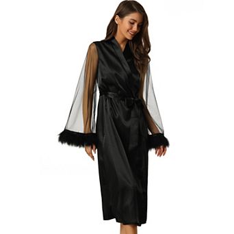 Womens Satin Robe Feather Trim Bridesmaid Bathrobe Mesh Long Sleeve Bridal Party Sleepwear