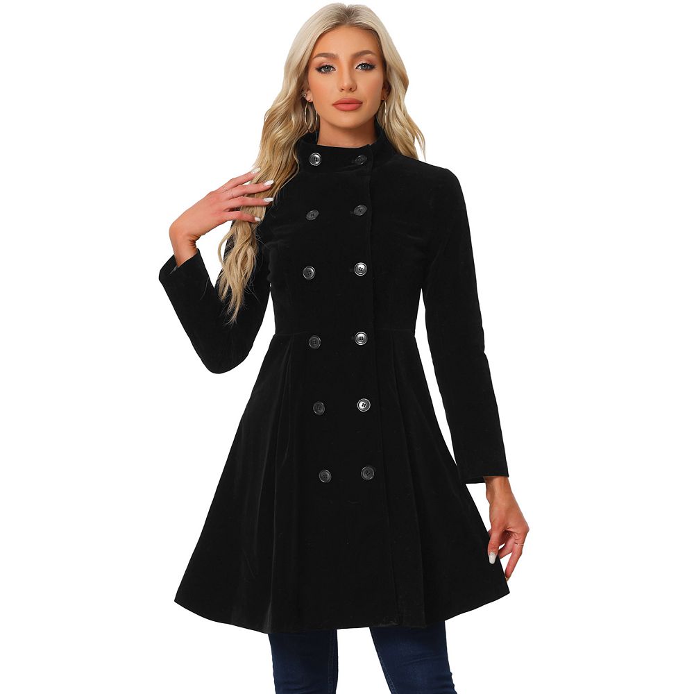 Velvet A-line Coat For Women's Stand Collar Double Breasted