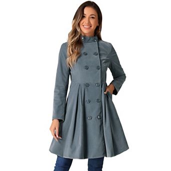 Velvet A-Line Coat for Women's Stand Collar Double Breasted Winter Trench Coats